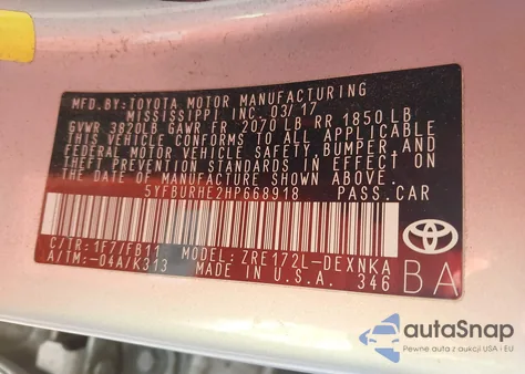 2017 Toyota Corolla Le z USA, uszkodzony, nr VIN 5YFBURHE2HP668918